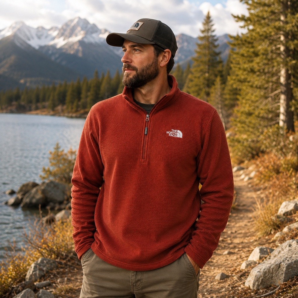 The North Face Mens Quarter Zip Waffle Grid Fleece Pullover Rust Red Medium